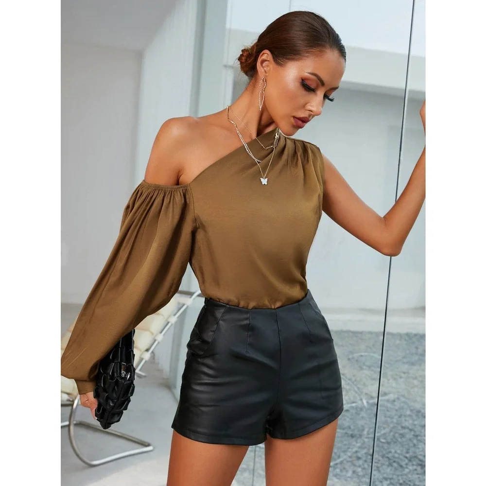 Asymmetrical one shoulder long sleeve tan Blouse - Picture 6 of 6